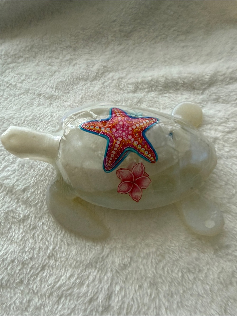 Handmade White Sea Turtle Accent with Pink Starfish and Flower